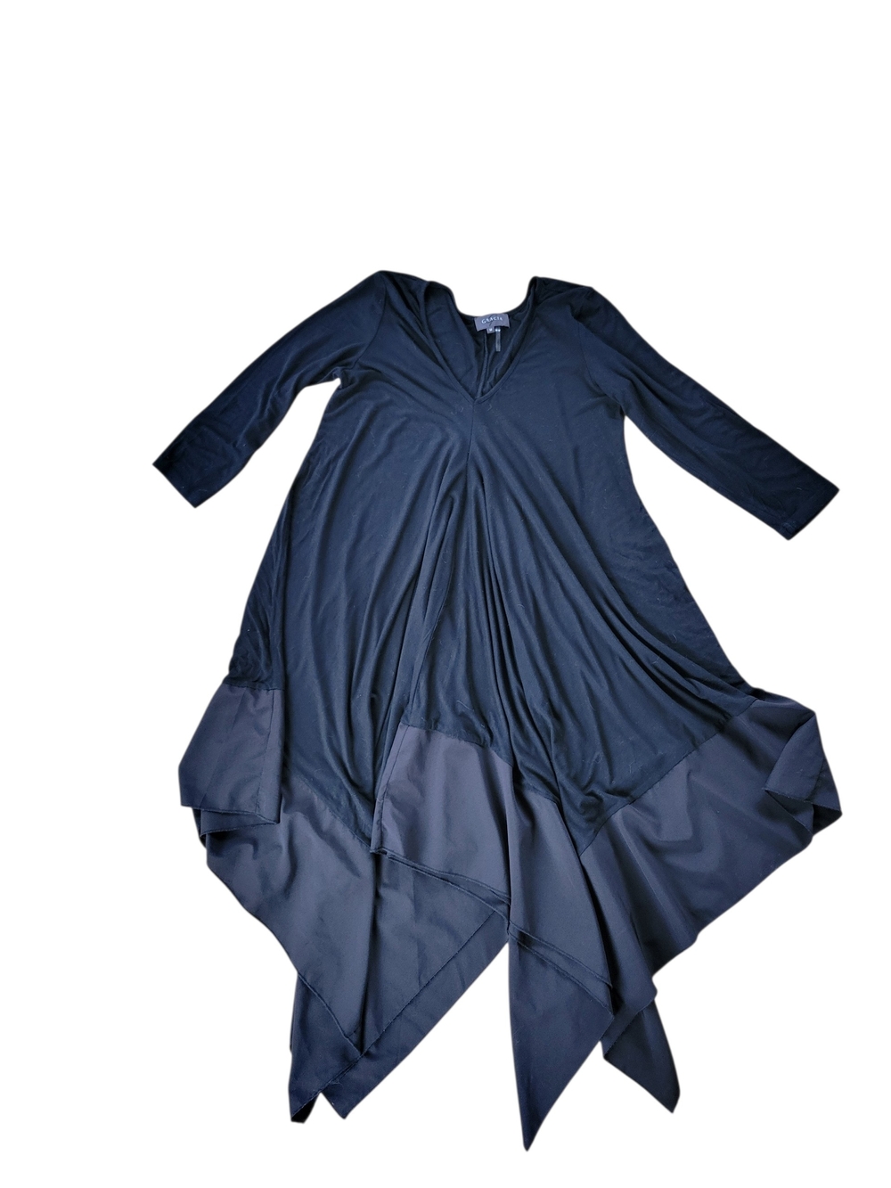 Gracia Black Asymmetrical Handkerchief Hem V-Neck  LZong Dress 3/4 Sleeve